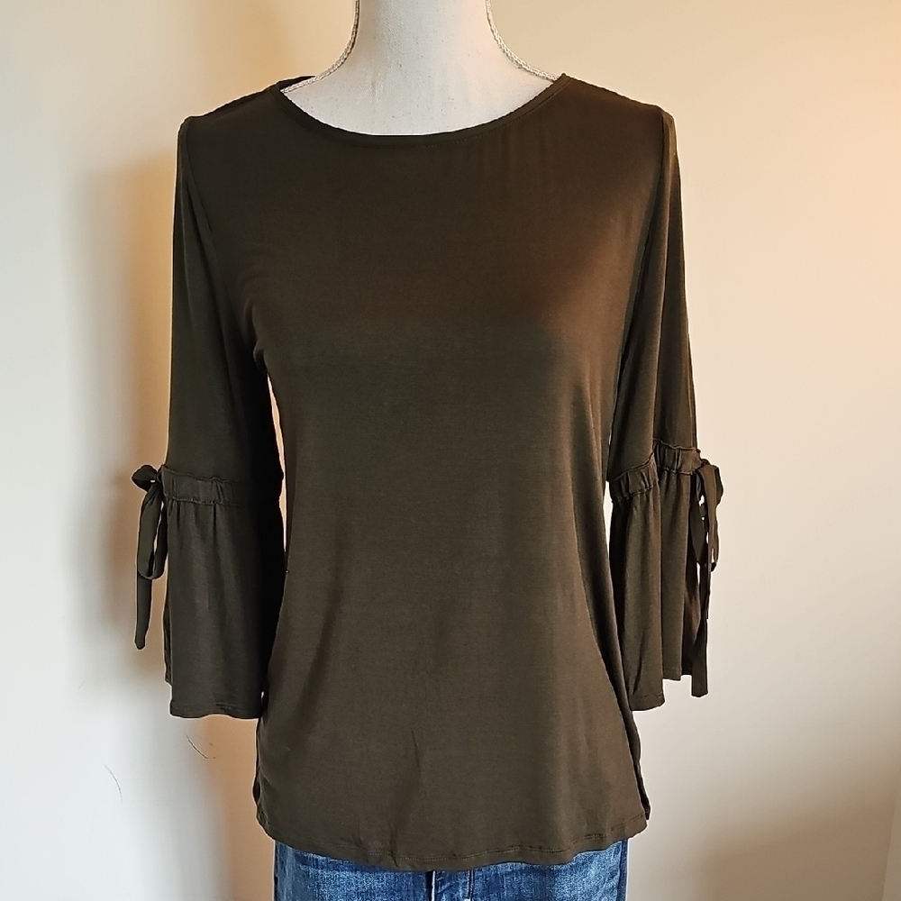 White House Black Market Dark Olive Blouse with Tie Sleeves